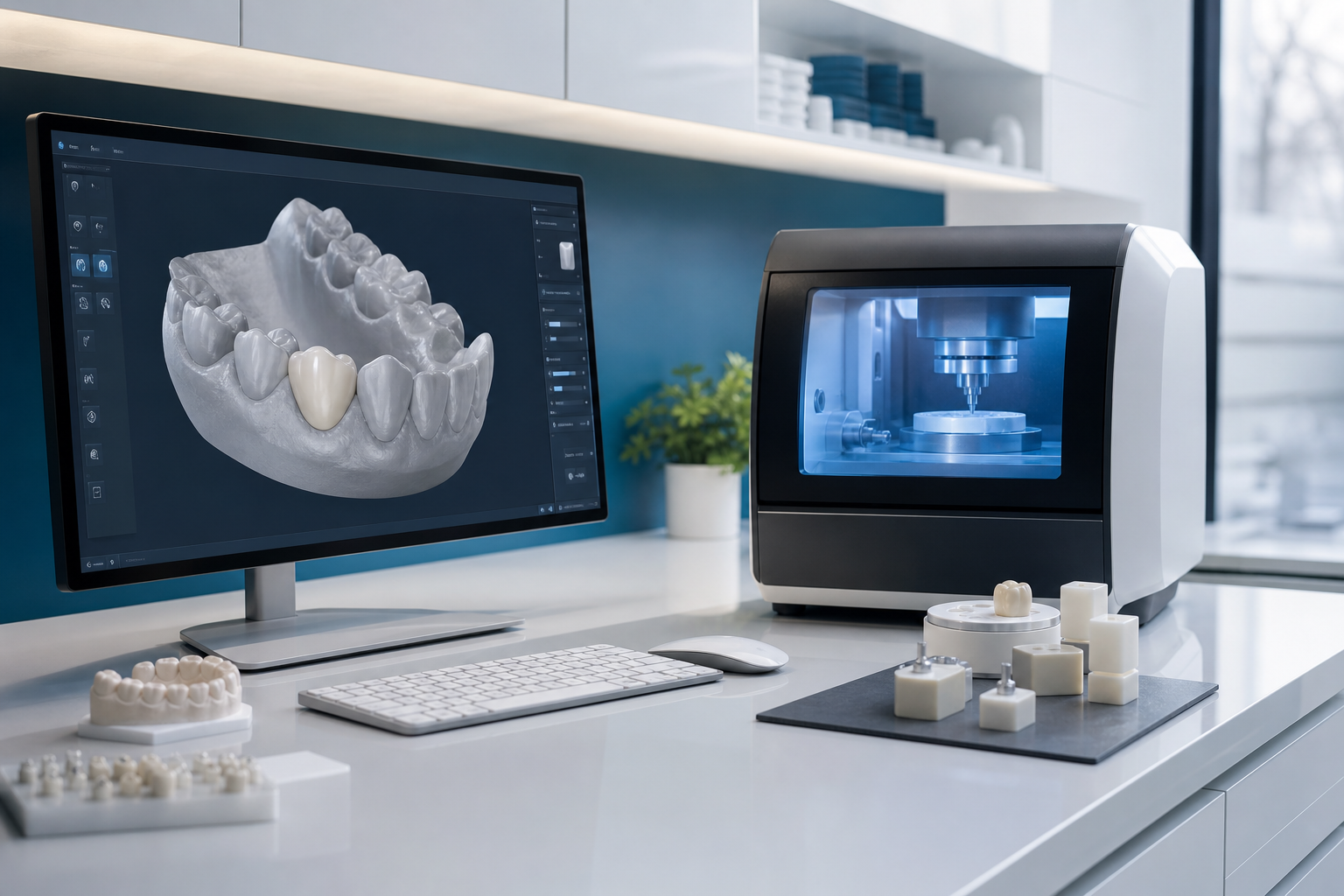 CAD/CAM-Arbeitsplatz mit digitaler Konstruktion und Fräsgerät